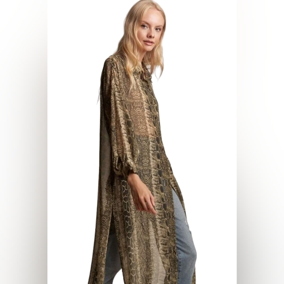 Snake Print Sheer Tunic Collared Midi/ Maxi Shirt Dress Top - Picture 10 of 15